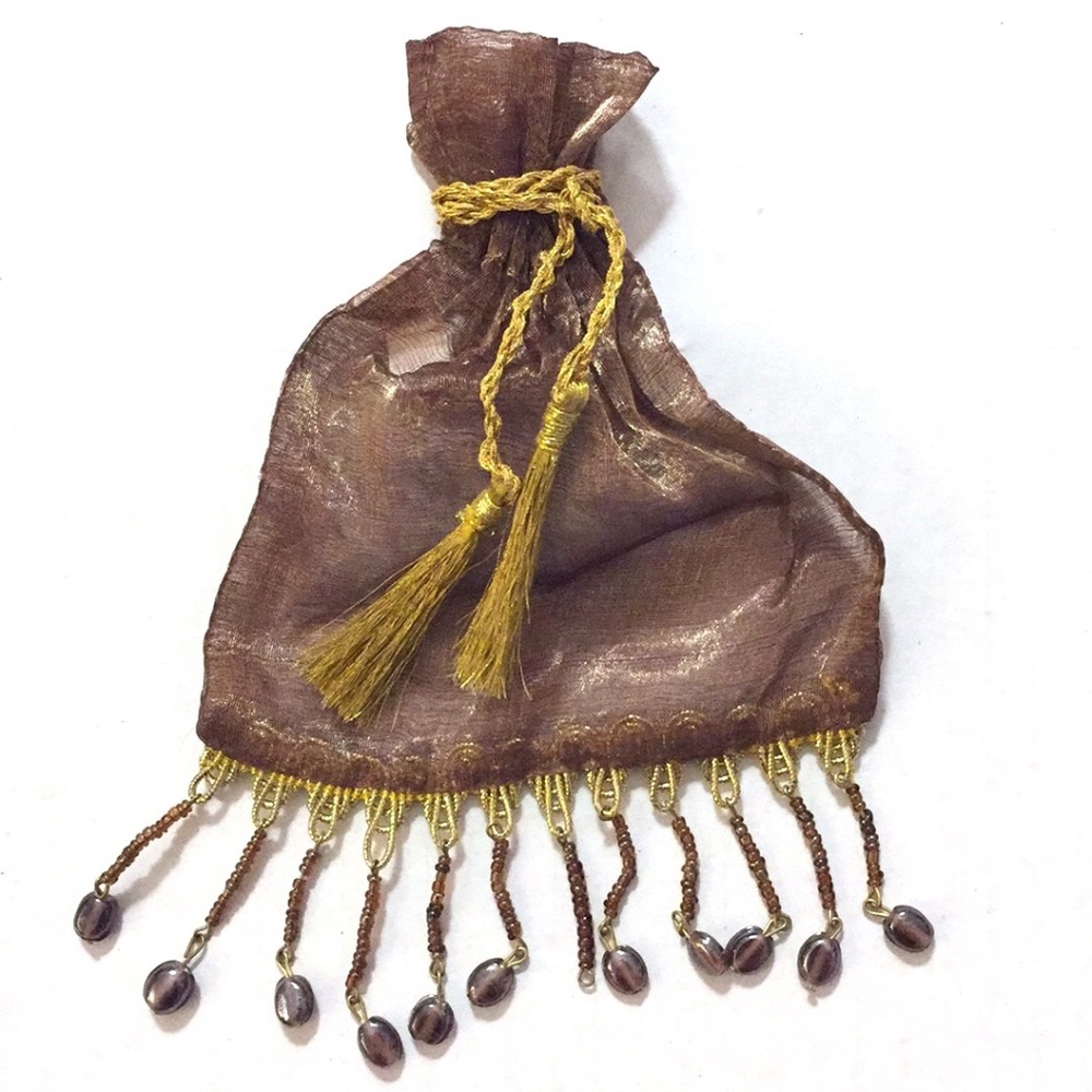 JEWELRY BAG Beaded Silky Storage Sack Gold gilt Tassel Gift Bag rope closure
